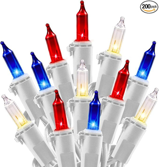4th of July Decoration Patriotic Mini Lights - 200 Count 50 Feet Red White Blue Incandescent Bulb Waterproof String Lights Plug in for Indoor Outdoor Christmas Party Patio Independence Day Decoration