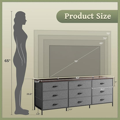 Huuger 63 Inch Dresser for Bedroom, Dresser for Closet with 9 Drawers, Large TV Stand for 55, 65, 70 Inch TV, Entertainment Center with Storage, Wide Long Chest of Drawers, Walnut and Dark Grey