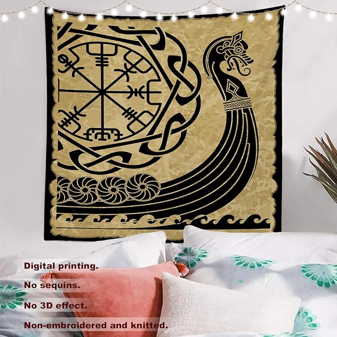 Batmerry Vikings Ancient Scandinavian Tapestry,Warship Boat Old Ancient Sea Wall Art Hanging Decoration Polyester Fiber White Ruffled Around for Dorm Room Bedroom Living Room, 59.1x59.1 inches