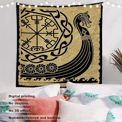 Batmerry Vikings Ancient Scandinavian Tapestry,Warship Boat Old Ancient Sea Wall Art Hanging Decoration Polyester Fiber White Ruffled Around for Dorm Room Bedroom Living Room, 59.1x59.1 inches
