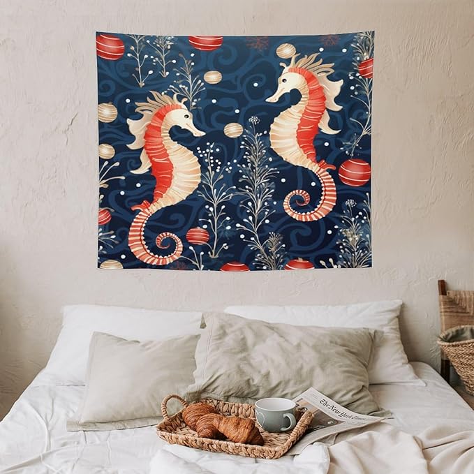 Tapestry Seahorse Christmas Kiss Beach Tapestry Aesthetic Vintage Ocean Seahorse Tapastry's Wall Hanging Wall Tapestry for Dorm Living Room Landscape 50"x60" Tapestries Winter Snowflake Decorative