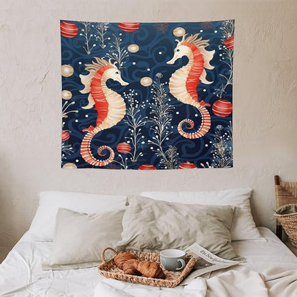 Tapestry Seahorse Christmas Kiss Beach Tapestry Aesthetic Vintage Ocean Seahorse Tapastry's Wall Hanging Wall Tapestry for Dorm Living Room Landscape 50"x60" Tapestries Winter Snowflake Decorative