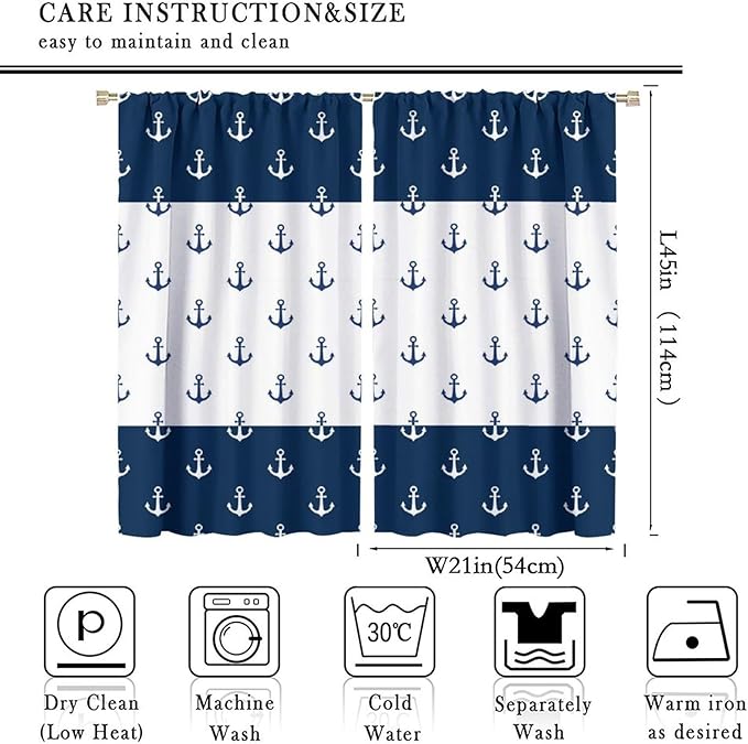 Anchor Pattern Curtains, Nautical Theme Navy Blue White Anchor Sea Life Adventure Print Blackout Window Treatments for Living Room Boys Men's Bedroom 42x45 Inch