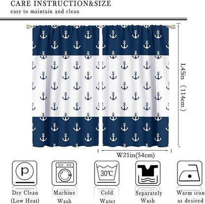 Anchor Pattern Curtains, Nautical Theme Navy Blue White Anchor Sea Life Adventure Print Blackout Window Treatments for Living Room Boys Men's Bedroom 42x45 Inch