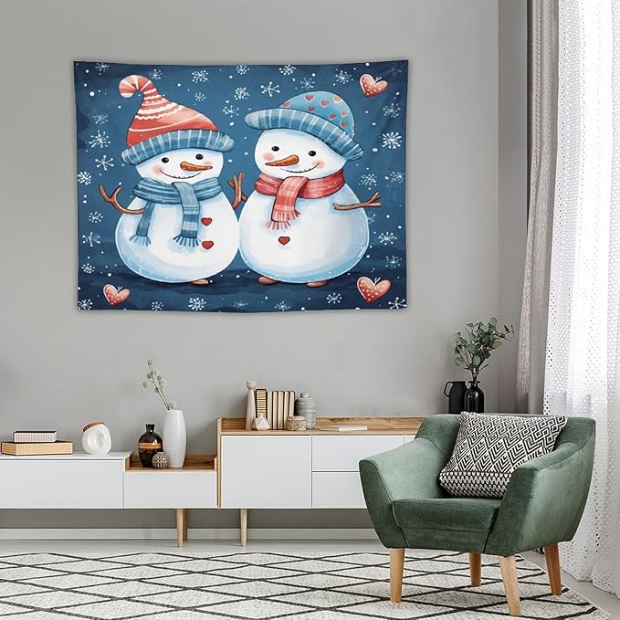 Tapestry Snowman Couple Wall Art Tapestry for Bedroom Aesthetic Cute Snowman with Hat And Scarf Tapestry As Wall Art Home Decor for Room Landscape 30"x40" Tapestries Winter Snowflake Decorative