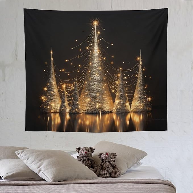 Silver Lighted Christmas Trees Tapastry's Wall Hanging Vintage Christmas Tapestries for Bedroom Landscape Tapestry Home Decoration for Living Room Bedroom 50"x60" Christmas Family Party