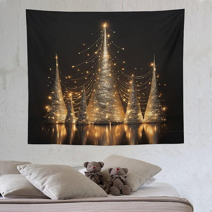 Silver Lighted Christmas Trees Tapastry's Wall Hanging Vintage Christmas Tapestries for Bedroom Landscape Tapestry Home Decoration for Living Room Bedroom 50"x60" Christmas Family Party