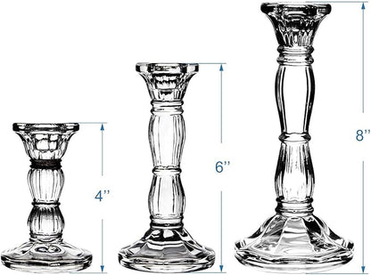 3Pack Glass Candle Stick Holders - Clear Crystal Taper Candles Holder– Table Centerpieces for Buring Candles, Led Taper Candle,Party and Wedding Decoration(4,6,8inches Tall)