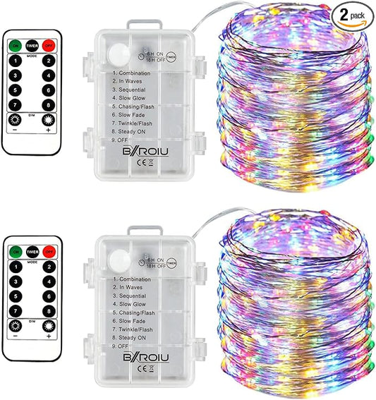 2 x Fairy Lights Battery Operated, Silver Wire Chains 8 Mode 5M 50 LEDs Timer String Lights with Remote Control for Bedroom Christmas Party Wedding Decoration (Multicolor)