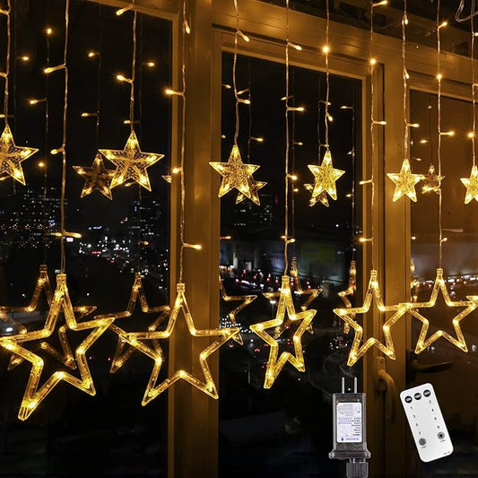 Blingstar Star Christmas Lights 138 LED 12 Star Curtain Lights 8 Flashing Mode Window String Lights 8.2ft Connectable Hanging Lights for Indoor Bedroom Ramadan Eid Wedding Backdrop Decor, Warm White