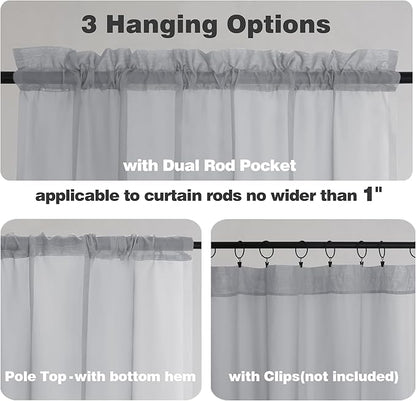 Chyhomenyc Sheer Light Grey Valances for Windows 2 Pack, Small Window Curtains for Living Room Bathroom Cafe Laundry Basement, Modern Top Dual Rod Pocket Voile Curtain, 42W x 14L inches