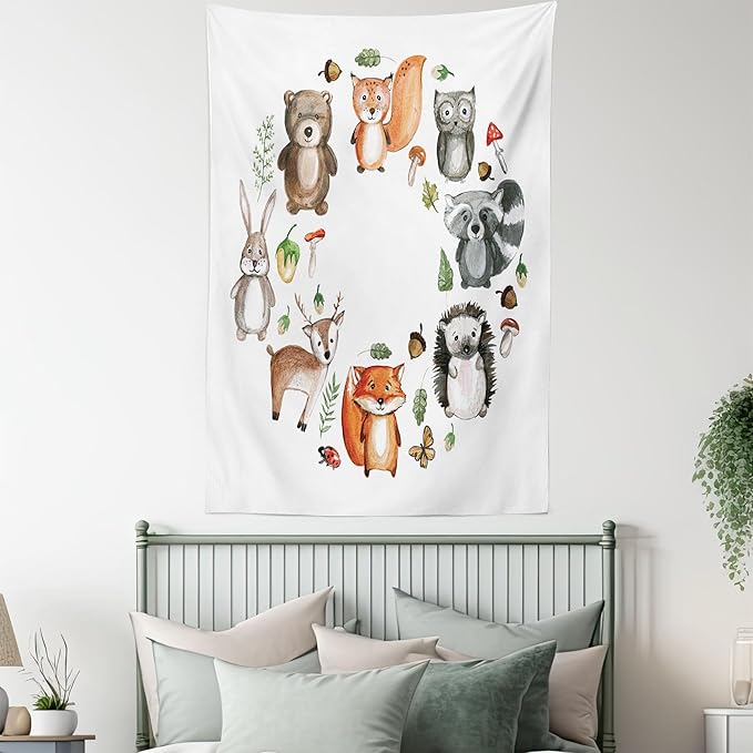 Lunarable Woodland Tapestry, Animals of The Forest Mushrooms Acorns Circular Frame Cartoon Pastel Colors, Wall Hanging for Bedroom Living Room Dorm Decor, 60" X 80", Multicolor