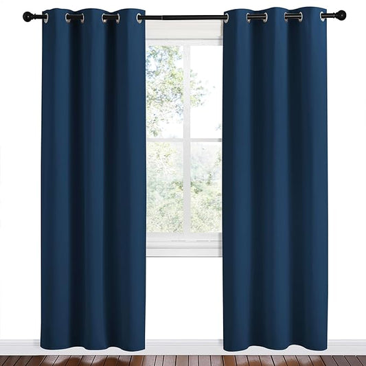 NICETOWN Moroccan Blue Room Darkening Curtains for Kitchen, Set of 2, 42 inches Wide by 78 inches Long, Window Treatment Thermal Insulated Solid Grommet Room Darkening Curtains/Drapes for Bedroom