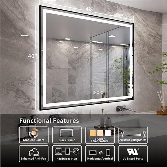 Bathroom Mirror Frame, 48x40 Inch Black Framed Gradient Front and Backlit LED Bathroom Mirror, 3 Colors Dimmable CRI>90, IP54 Enhanced Anti-Fog Wall Mounted LED Mirror