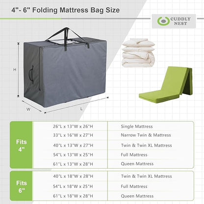 Cuddly Nest Folding Mattress Storage Bag - Heavy Duty Carry Case for Tri-Fold Guest Bed (Fits 4" Queen Mattress,Grey)