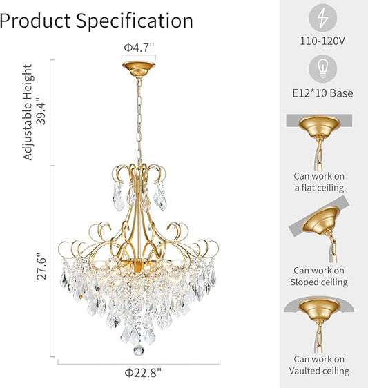 WUZUPS Crystal Chandelier 10-Light Pendant Ceiling Light Modern Lighting Fixture for Dining Room Hallway Bedroom Kitchen Bathroom, H 27.6" x W 22.8", E12 Base, Gold