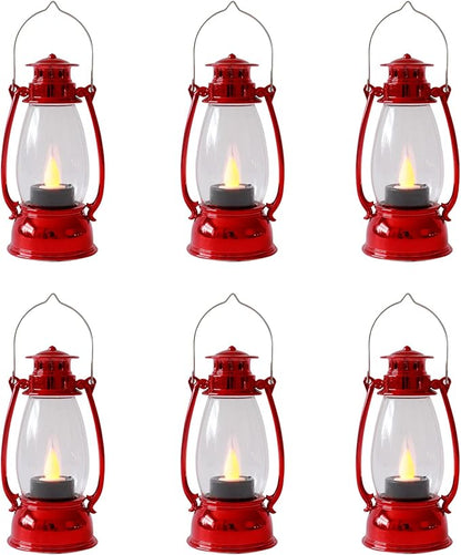 Red Mini Lanterns(12 Pcs-5.1in) with Flickering LED Candle Lights, Vintage Small Western Lanterns for Table Centerpiece, Indoor & Outdoor Christmas Tree Ornaments, Camping Party Decorations