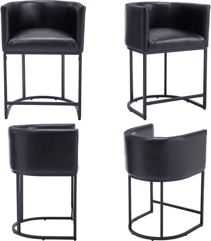 Modern Counter Height PU Leather Upholstered Bar Stools Set of 3, 24" Kitchen Counter Island Stools Bar Chairs with Black Metal Frame, Black