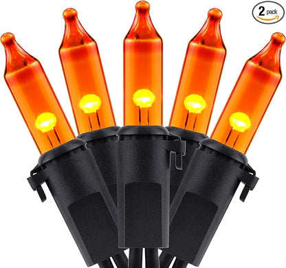 YULETIME Orange String Lights with Black Wire, 66 ft 200 Count UL Certified Christmas Light, Pack of 2 Sets 33 ft 100 Light Set for Halloween Fall Holidays (Orange)