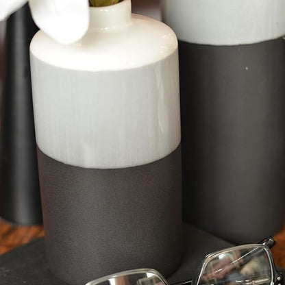 Iconic Dipped Scandinavian Style Bud Vases, Set of 3, Glazed Porcelain, Tonal Shades, Pale Grey, Grey, and Black, Round, 11.5, 7, 4.25 Inches