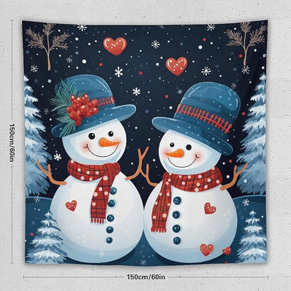 Tapestry Snowman Couple Wall Hanging Wall Tapestry Aesthetic Vintage Christmas Cute Snowman Tapestry Wall Hanging for Bedroom Aesthetic Home Decor Landscape 60"x60" Christmas Family Party