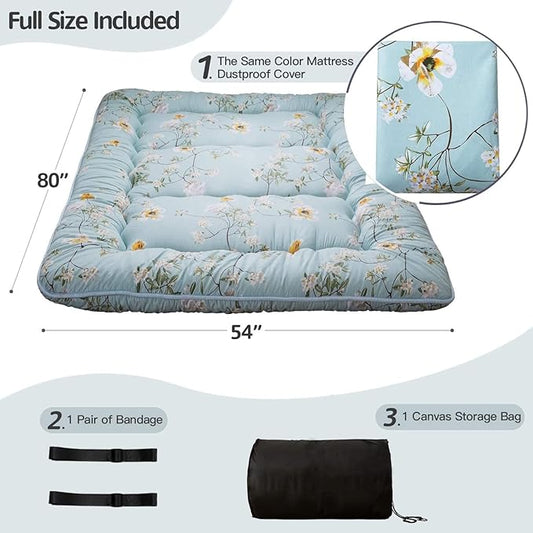 MAXYOYO Rustic Floral Korean Floor Mattress Japanese Futon Mattress, Foldable Bed Roll Up Camping Mattress Floor Lounger Bed Couches and Sofas Mattress Topper, Full