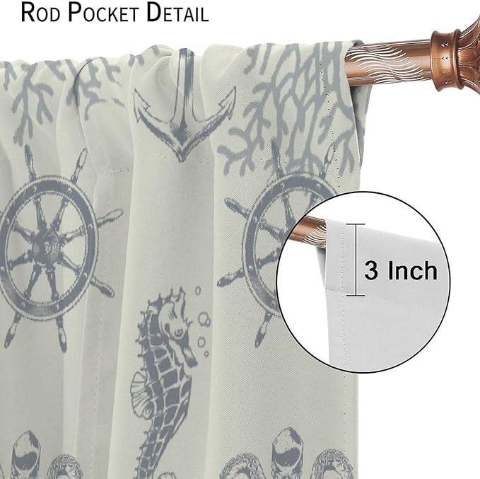 Nautical Anchor Curtains, Vintage Sailboat Ocean Coastal Lighthouse Window Drapes, Navy Blue Coral Shell Seahorse Beach Print Blackout Window Treatments for Living Room Bedroom 55x63in