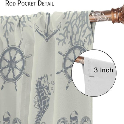 Nautical Anchor Curtains, Vintage Sailboat Ocean Coastal Lighthouse Window Drapes, Navy Blue Coral Shell Seahorse Beach Print Blackout Window Treatments for Living Room Bedroom 55x63in