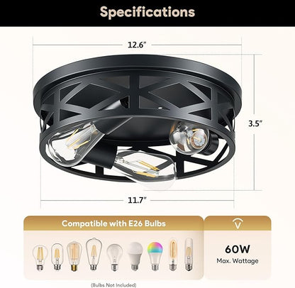 VONLUCE Flush Mount Ceiling Lights, 3-Light Hallway Ceiling Lighting Fixtures, 13 inch Farmhouse Metal Cage Ceiling Lights for Entryway Kitchen, Adjustable Lamp Holders, 2 pcs, Black