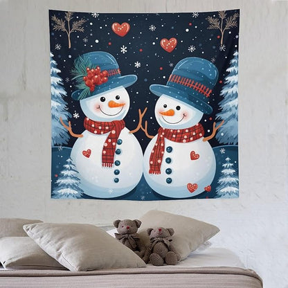 Tapestry Snowman Couple Wall Hanging Wall Tapestry Aesthetic Vintage Christmas Cute Snowman Tapestry Wall Hanging for Bedroom Aesthetic Home Decor Landscape 60"x60" Christmas Family Party