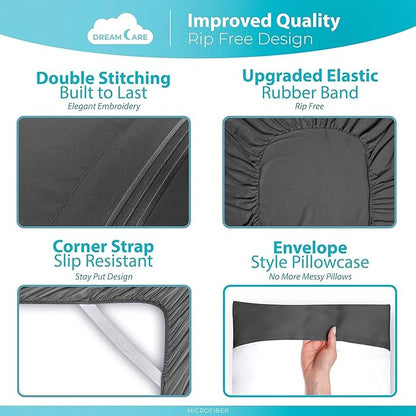 DREAMCARE Twin XL Sheet Set - Cooling Bed Sheets - 4pc Set - Deep Pocket - Soft & Long Lasting 100% Polyester with Side Pocket - Dark Gray