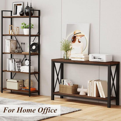 BON AUGURE 2 Tier Console Table for Entryway, Metal Wood Sofa Table Behind Couch for Living Room, Industrial Entry Tables for Hallway, Foyer, Front Door, Entrance (Rustic Oak, 47 Inch)