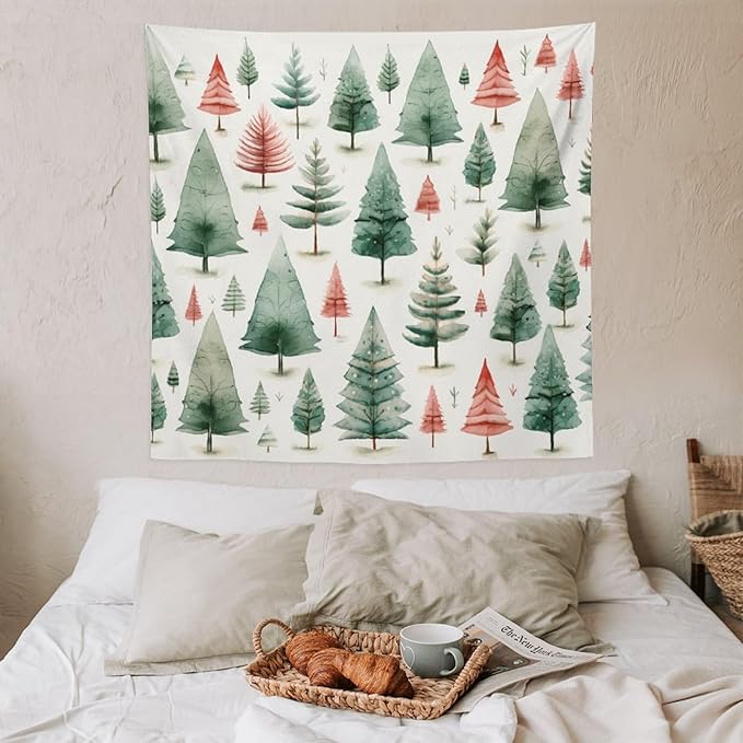 MaSiledy Tapestry Vintage Christmas Tree Watercolor Tapestry Aesthetic Winter Christmas Wall Tapestries Wall Hanging Decor Tapestry for Bedroom Aesthetic Alt Room Landscape 60"x60"