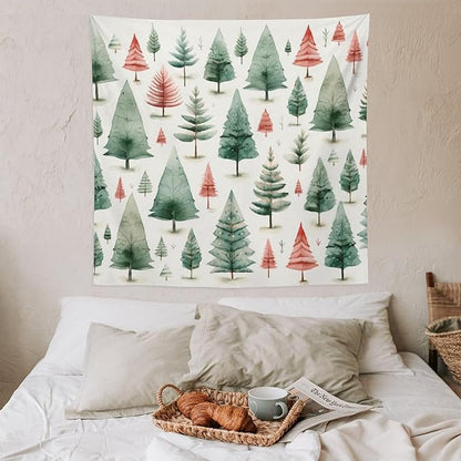 MaSiledy Tapestry Vintage Christmas Tree Watercolor Tapestry Aesthetic Winter Christmas Wall Tapestries Wall Hanging Decor Tapestry for Bedroom Aesthetic Alt Room Landscape 60"x60"