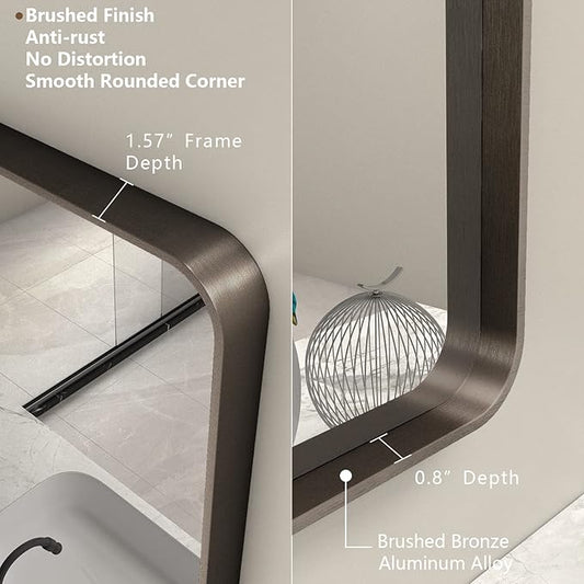 28x36 Bronze Framed Mirror, Brushed Bronze Metal Bathroom Vanity Mirror for Wall, Modern Rectangle Mirror, Rounded Corner, Anti-Rust, Tempered Shatterproof (Horizontal/Vertical)