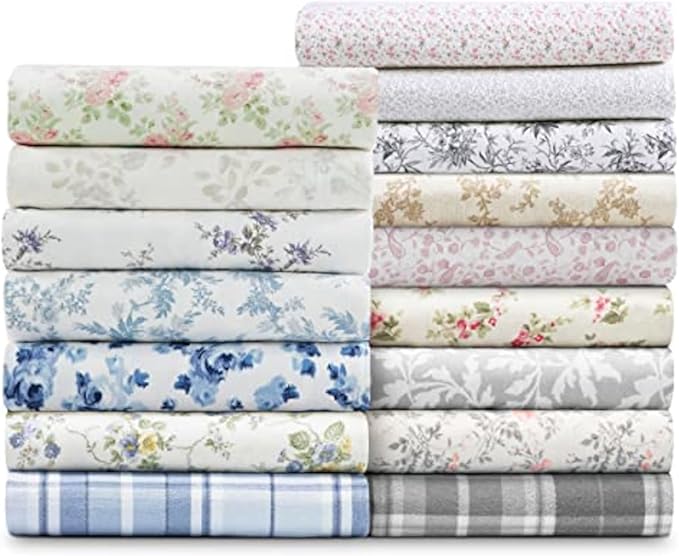 Laura Ashley Cotton Flannel Bed Linen Set, Chelsie Vine Grey (Full), 3 Piece Including Fitted Sheet, 100% Cotton, Deep Pockets, Brushed for Extra Softness