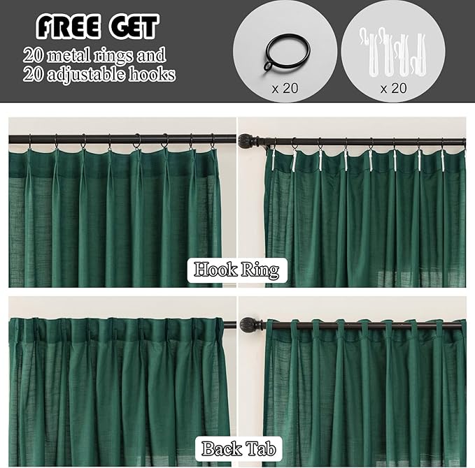 Emerald Green Linen Pinch Pleated Sliding Door Curtains Semi Sheer, 2x50 Inches Width, Hunter Light Filtering Drapes 90 Inches Long, Dark Textured Farmhouse Window Curtain Panels