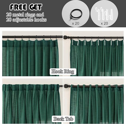 Emerald Green Linen Pinch Pleated Sliding Door Curtains Semi Sheer, 2x50 Inches Width, Hunter Light Filtering Drapes 96 Inches Long, Dark Textured Farmhouse Window Curtain Panels