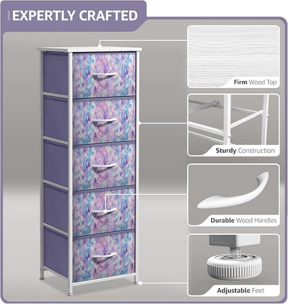 Sorbus Fabric Dresser for Kids Bedroom - Chest of 5 Drawers, Tall Storage Tower, Clothing Organizer, for Closet, for Playroom, for Nursery, Steel Frame, Fabric Bins - Wood Handle (Tie-dye Purple)