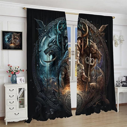 Cool Norse Viking Theme Curtains,Fantasy Ancient Symbols Wildlife Wolf Nordic Vikings Window Drapes Thermal Insulated Rod Pocket Blackout Drapes for Bedroom 2 Panels 63L x 31.5W