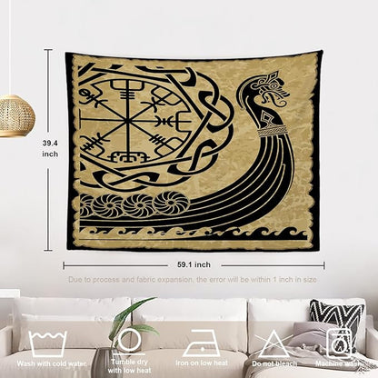 Batmerry Vikings Ancient Scandinavian Tapestry, Warship Boat Old Ancient Sea Wall Art Hanging Decoration Polyester Fiber White Ruffled Around for Dorm Room Bedroom Living Room, 39.1x59.1 inches
