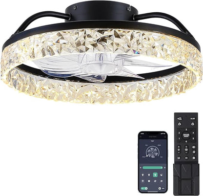 Ceiling Fans with Lights and Remote/APP Control, Modern Dimmable Low Profile Ceiling Fan, Flush Mount Bladeless Ceiling Fan, 16" Memory Function Forward Reverse and 6 Speeds - Black