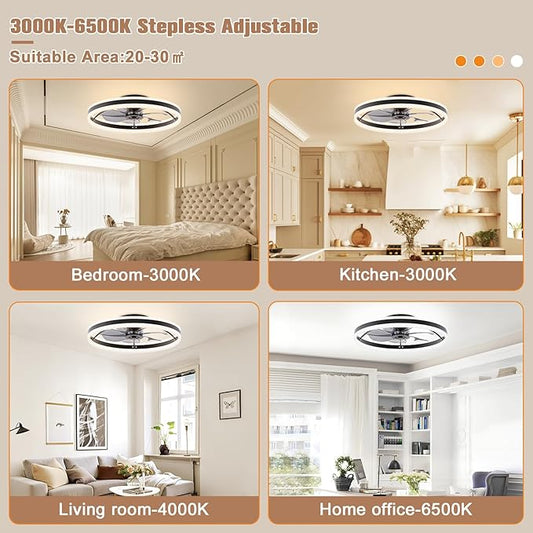 VOLISUN Low Profile Ceiling Fans with Lights and Remote, 23.6in Flush Mount Ceiling Fans with Light, 3000K-6500K Dimmable Fandelier LED Fan Light, Black Bladeless Ceiling Fans with Lights for Bedroom