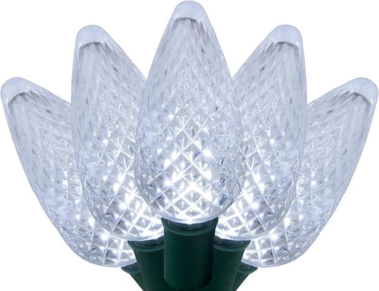 C9 LED Faceted Cool White Prelamped Light Set, Green Wire - 25 C9 Cool White LED Christmas Lights, 8" Spacing