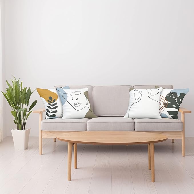 Ambesonne Minimal Throw Pillow Cushion Case Pack of 4, Modern Line Art Woman Portrait with Contemporary Leafy Geometric Details, Modern Accent Double-Sided Digital Printing, 20", Baby Blue Taupe Amber