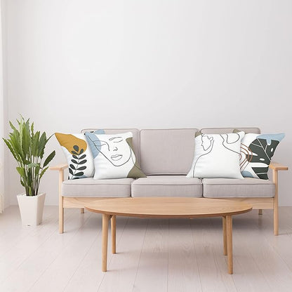 Ambesonne Minimal Throw Pillow Cushion Case Pack of 4, Modern Line Art Woman Portrait with Contemporary Leafy Geometric Details, Modern Accent Double-Sided Digital Printing, 24", Baby Blue Taupe Amber