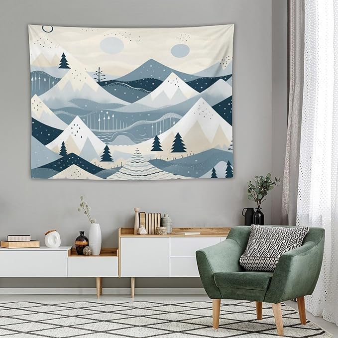 MaSiledy Snow Mountain Scandinavian Winter Wall Tapestries Hello Winter Holiday Tapestries for Bedroom Aesthetic Landscape Tapestry Wall Hanging for Bedroom Living Room Dorm 60"x80"