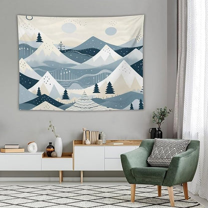 MaSiledy Snow Mountain Scandinavian Winter Wall Tapestries Hello Winter Holiday Tapestries for Bedroom Aesthetic Landscape Tapestry Wall Hanging for Bedroom Living Room Dorm 60"x80"