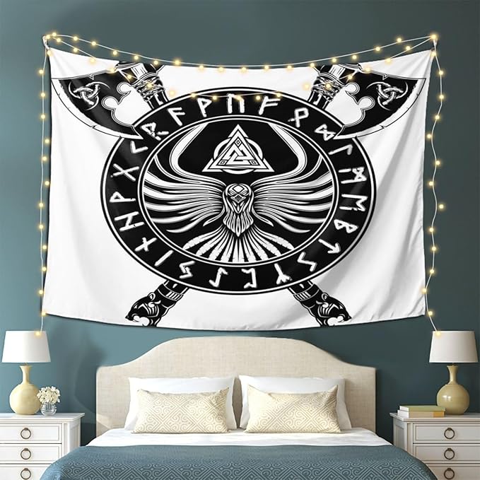Gizmac Viking Black Axe Crow Scandinavian Runes Room Tapestry Bedroom Living Room Decor Tapestry(80x60 Inches)