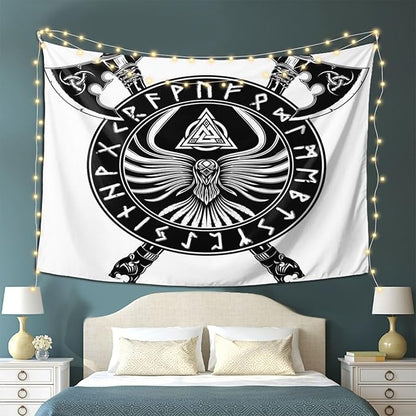 Gizmac Viking Black Axe Crow Scandinavian Runes Room Tapestry Bedroom Living Room Decor Tapestry(80x60 Inches)